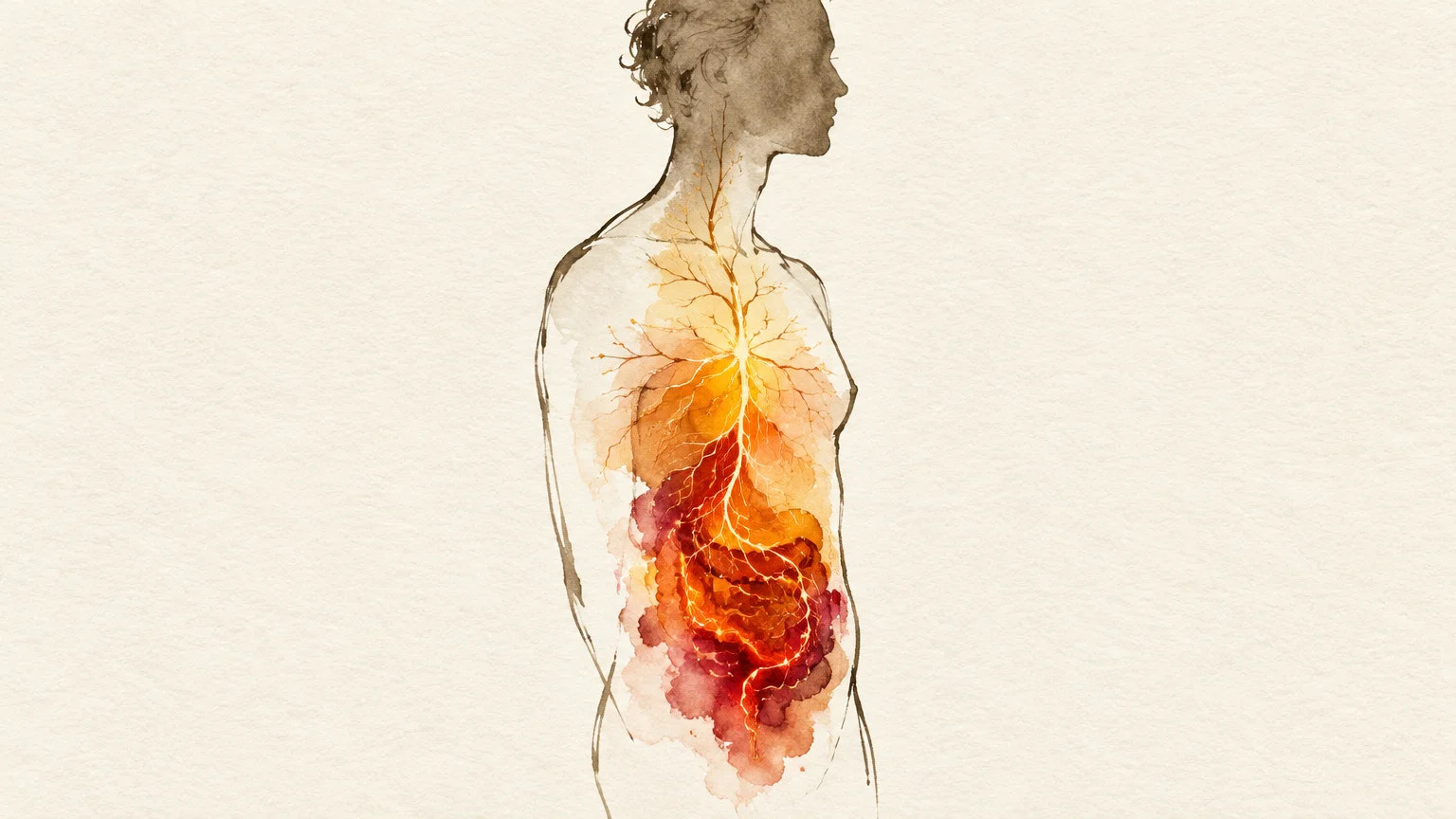 Watercolor illustration of a human torso with glowing, root-like nervous pathways branching through the chest and stomach.
