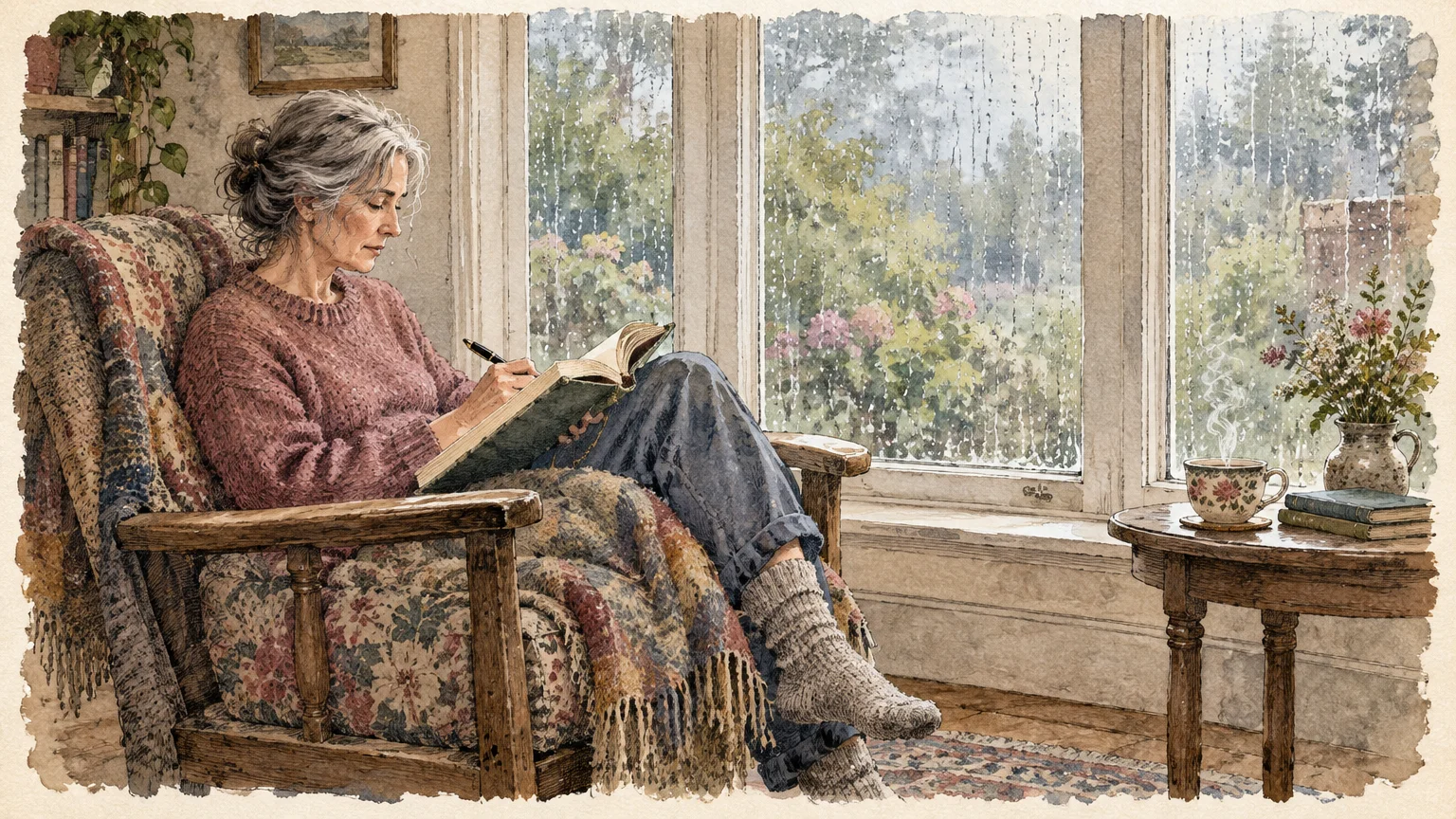 Watercolor illustration of an older woman writing in a journal while sitting in an armchair by a rainy window.
