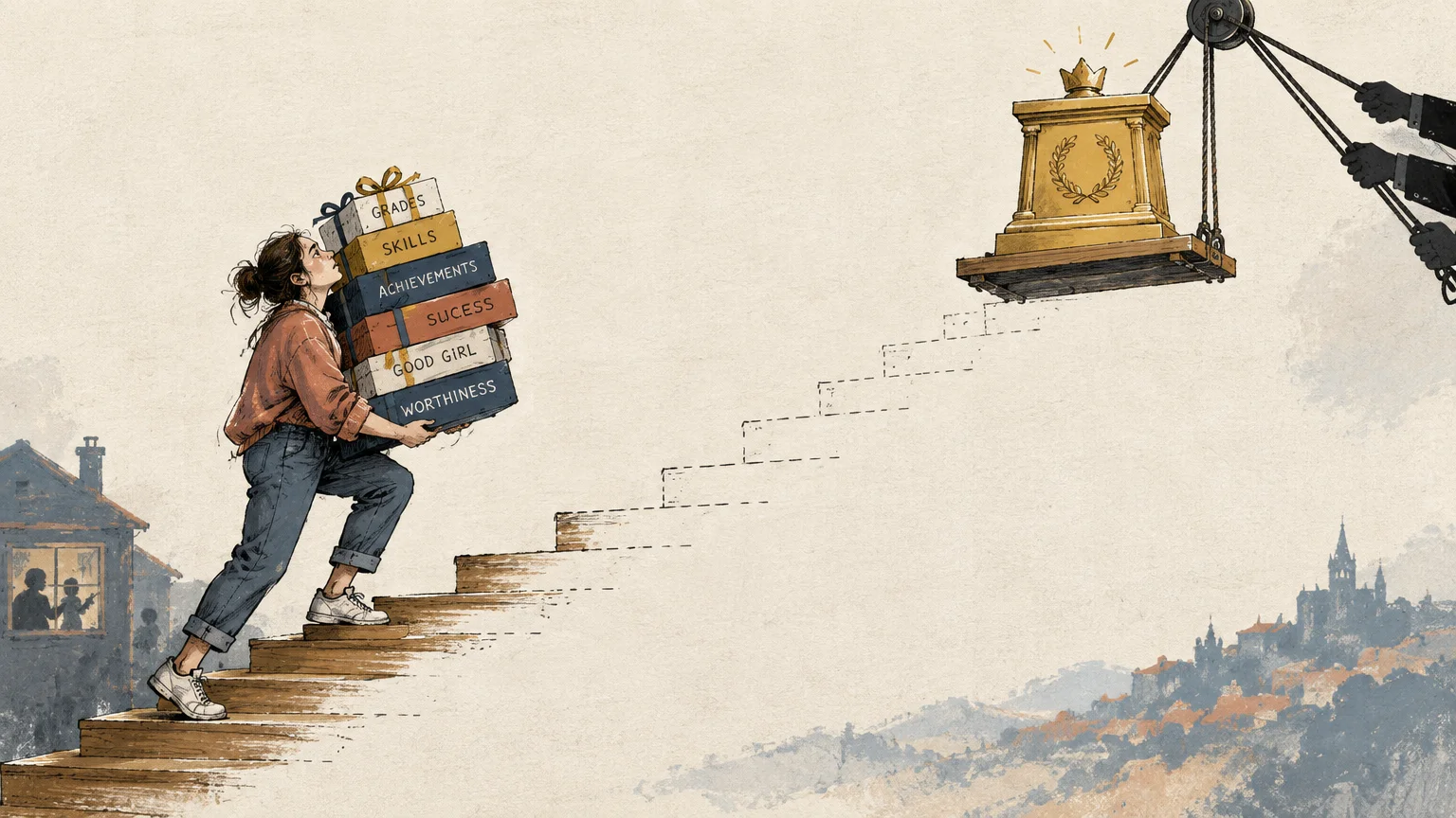 Illustration of a woman carrying stacked boxes up stairs toward a pedestal being lifted higher by a pulley.