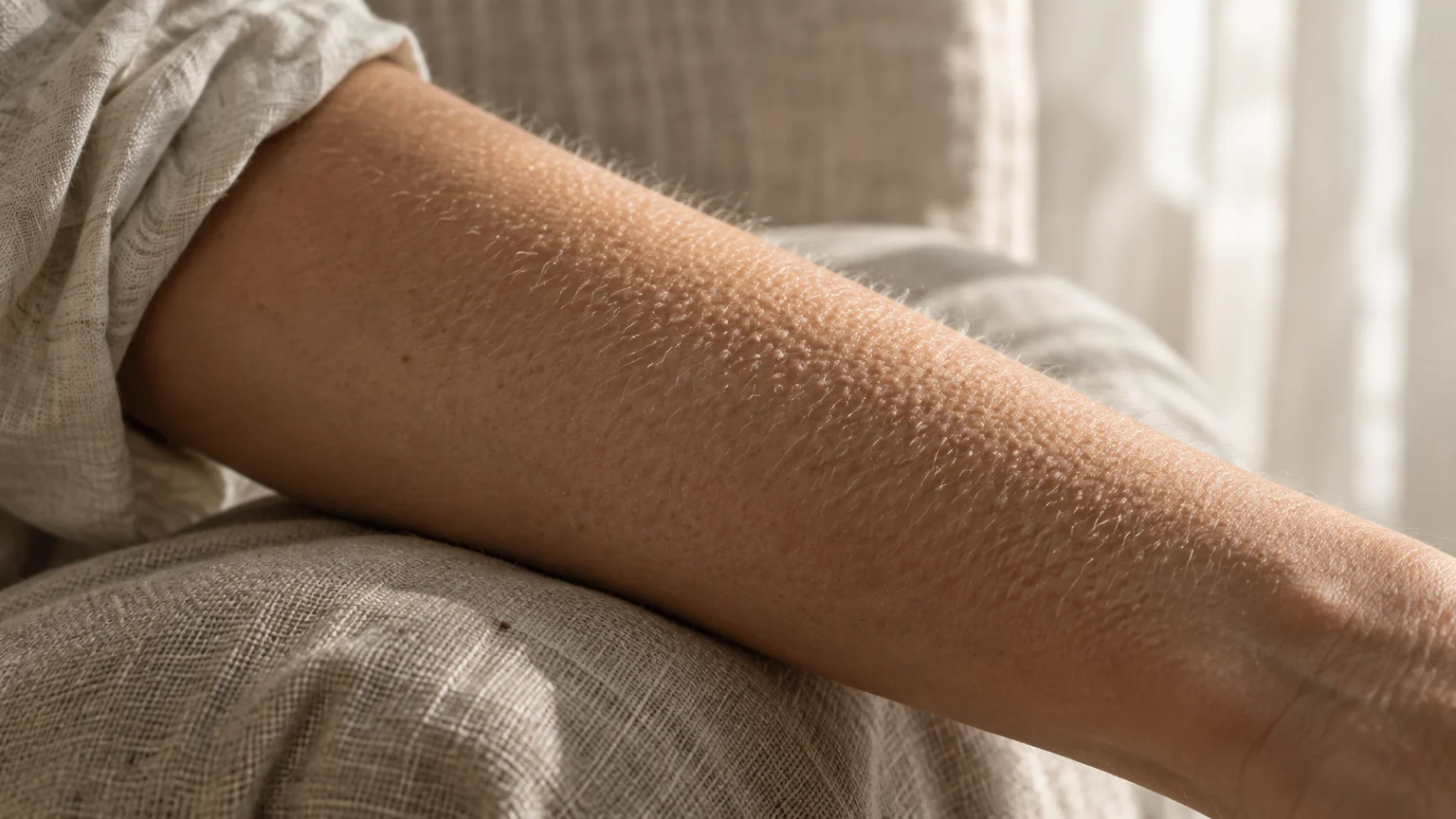 Close-up of a person's forearm showing raised goosebumps and erect fine hairs in natural light.