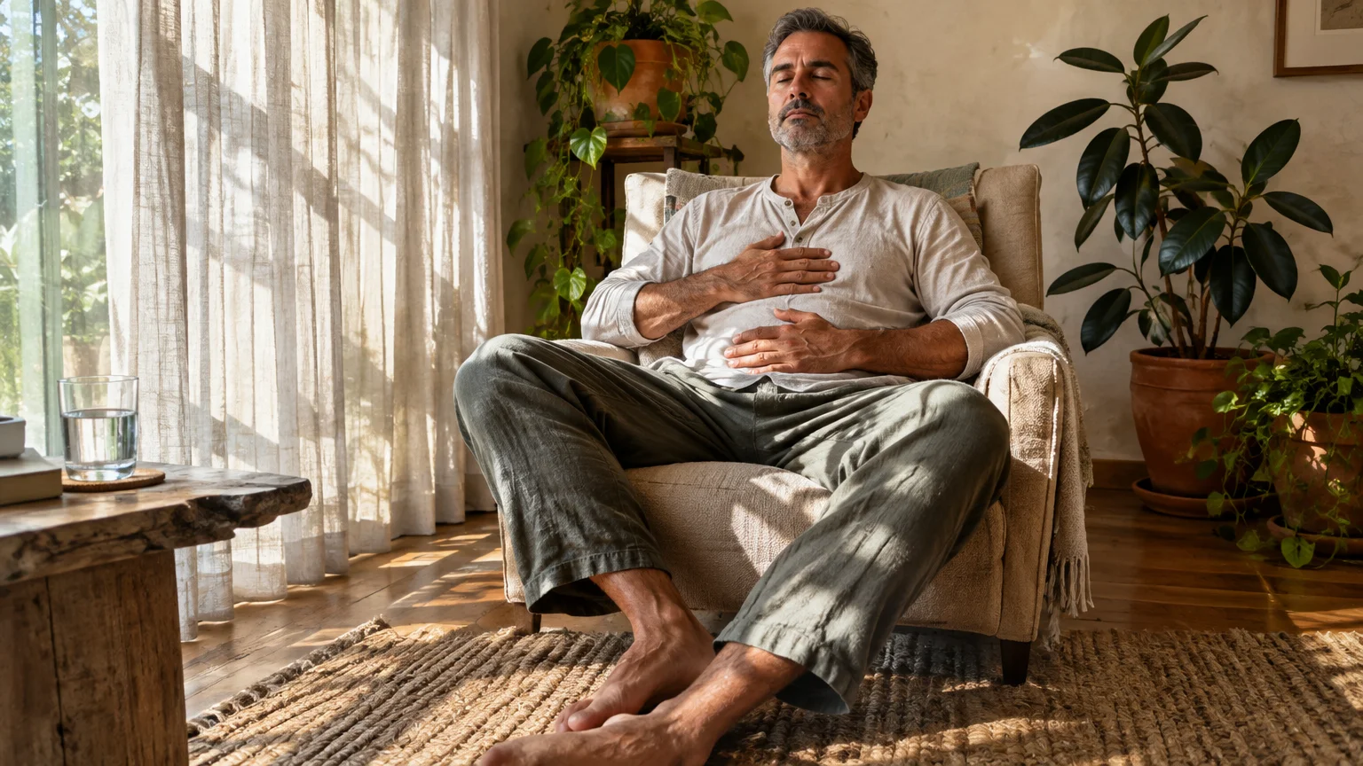 A barefoot man sits in a sunlit armchair with closed eyes, resting his hands on his chest and stomach.