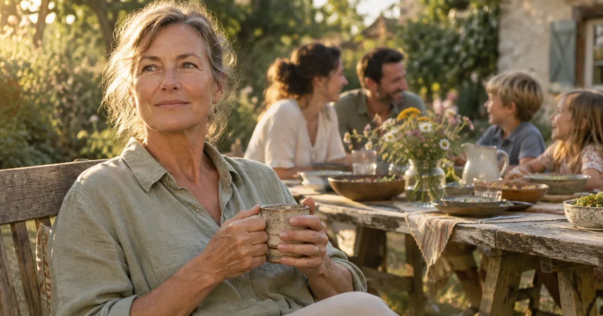 Mature woman smiling with a mug outdoors as a multigenerational family dines at a rustic wooden table in the background.