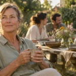 Mature woman smiling with a mug outdoors as a multigenerational family dines at a rustic wooden table in the background.