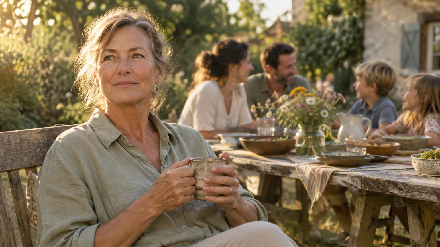 Mature woman smiling with a mug outdoors as a multigenerational family dines at a rustic wooden table in the background.