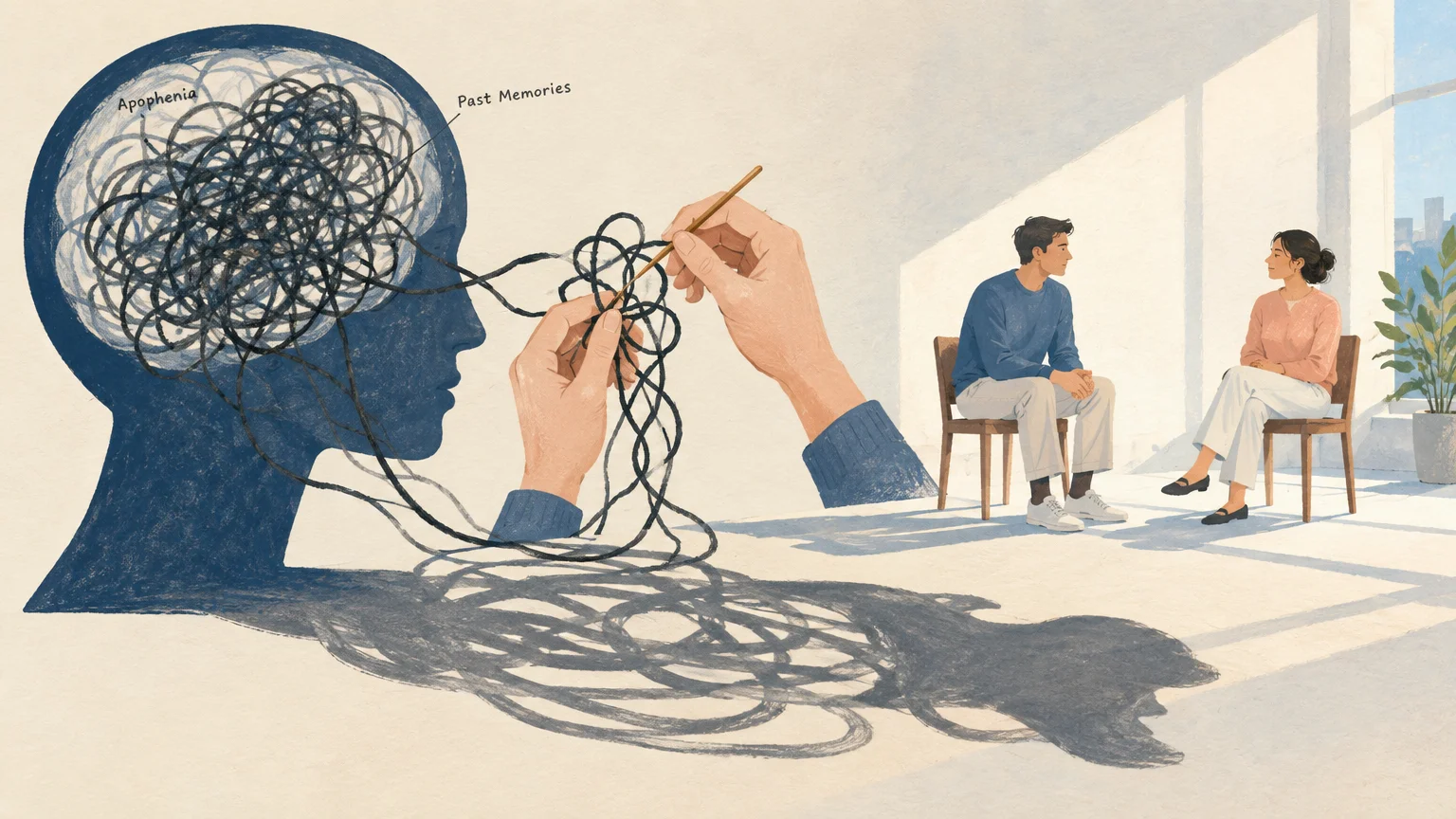 Illustration of hands untangling yarn from a silhouette head labeled apophenia, beside two people conversing.