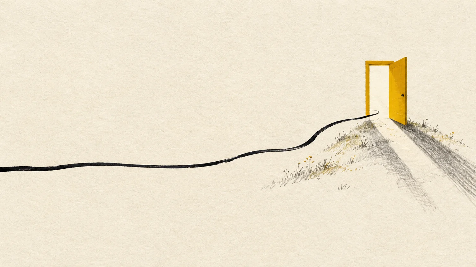 Illustration of a black line trailing across a beige background toward an open yellow door on a grassy hill.
