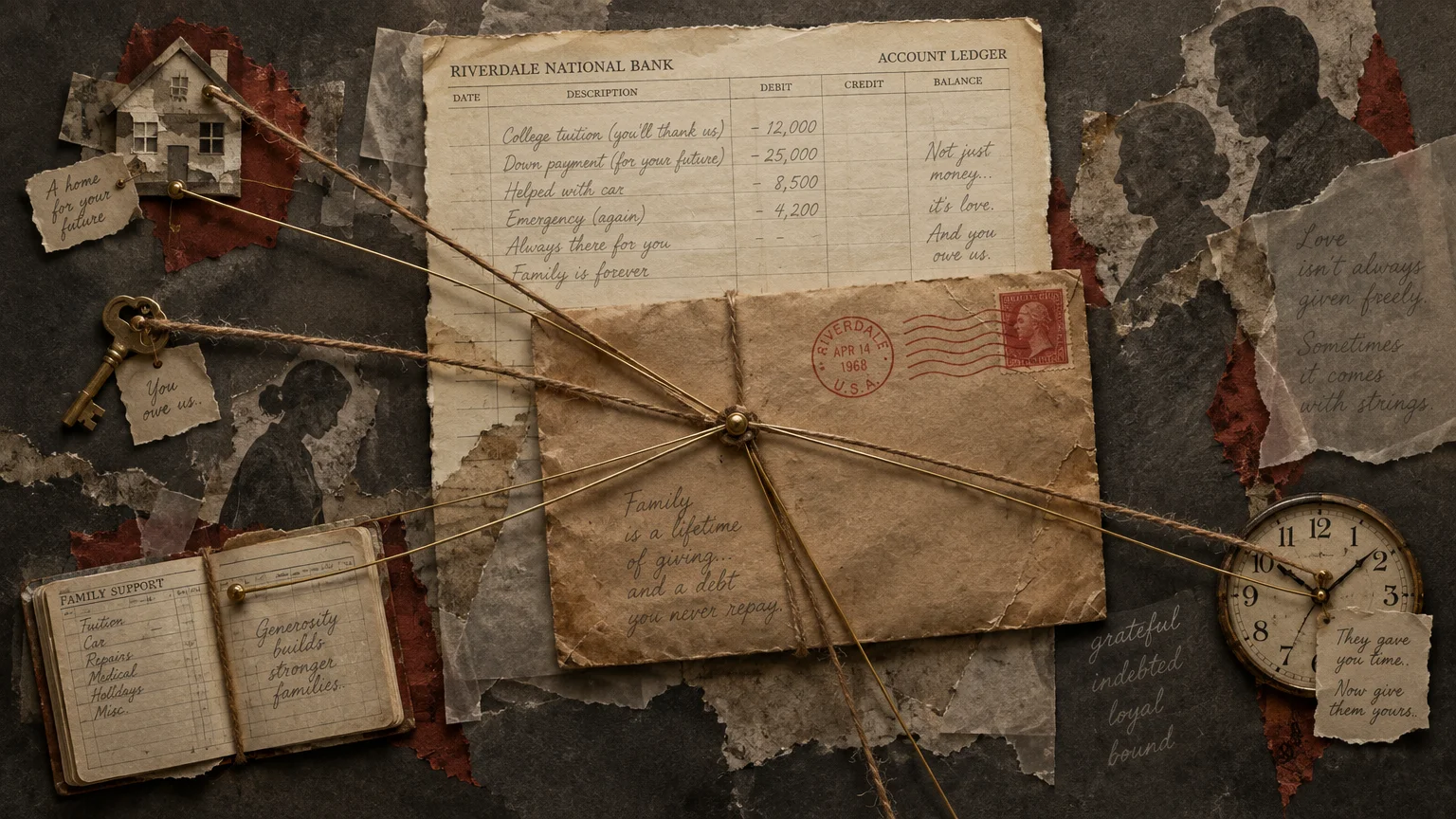 Collage of a bank ledger, stamped envelope, clock, house cutout, and key connected by string over torn paper and silhouettes.