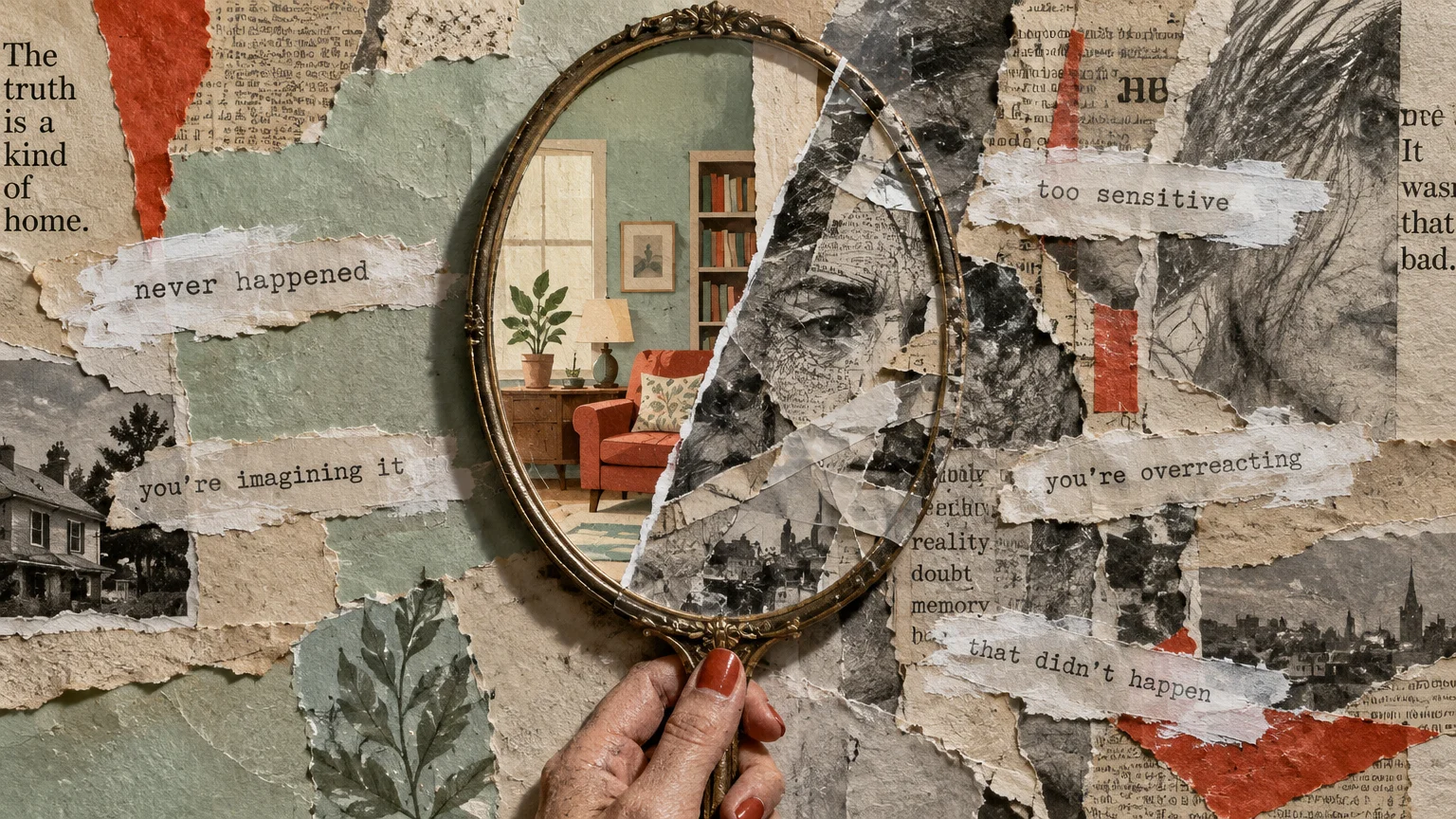 Hand holding a fractured oval mirror over torn paper scraps with phrases like "too sensitive" and "never happened.