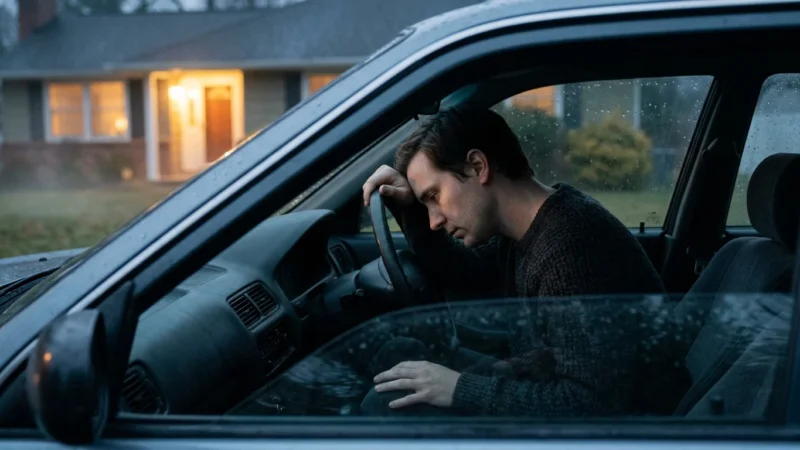 A somber man rests his head on the steering wheel inside a parked car, with a lit suburban house behind him.