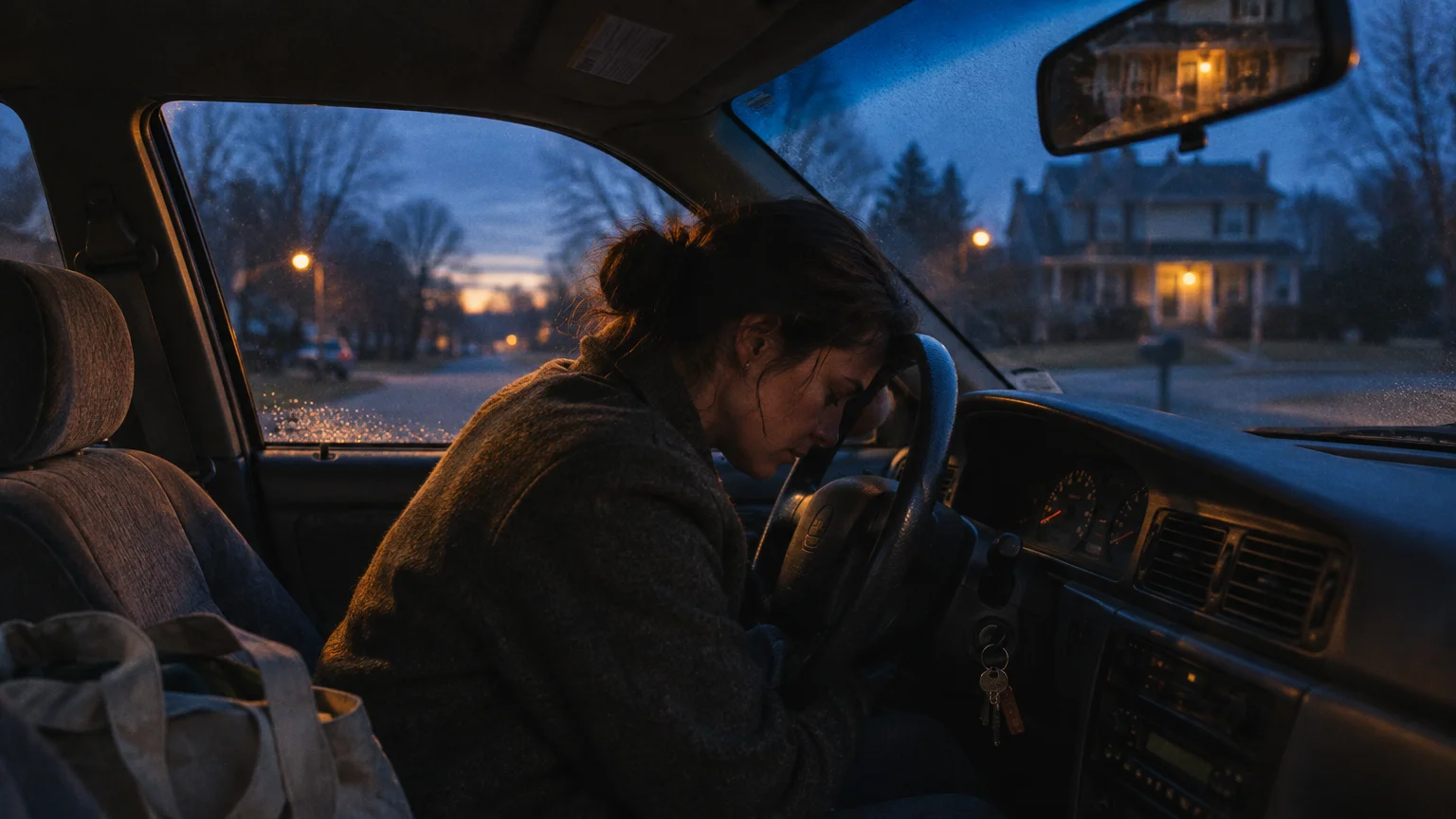 A woman rests her head against the steering wheel inside a parked car at dusk along a quiet residential street.