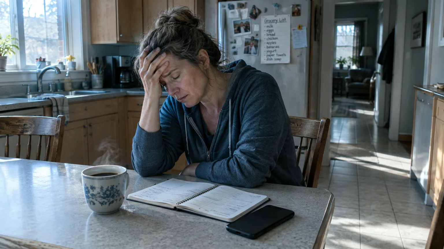 A tired woman rests her head in her hand at a kitchen table beside an open planner and a steaming mug.