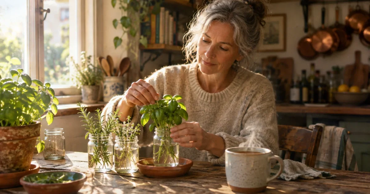 A smiling woman at a rustic wooden table arranges fresh herbs in glass jars filled with water.