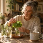 A smiling woman at a rustic wooden table arranges fresh herbs in glass jars filled with water.