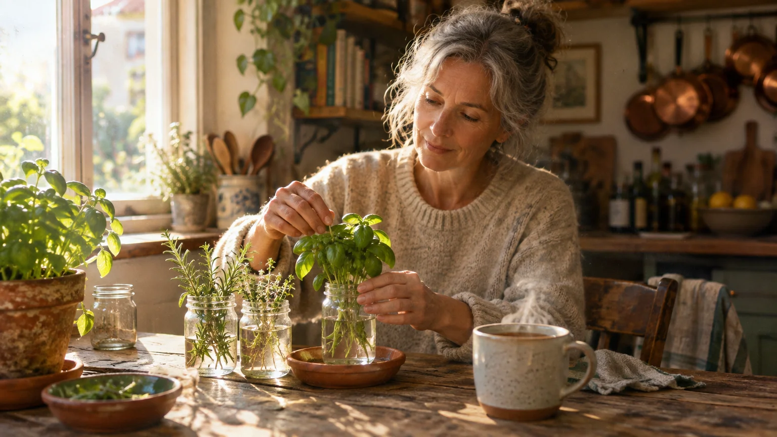 A smiling woman at a rustic wooden table arranges fresh herbs in glass jars filled with water.