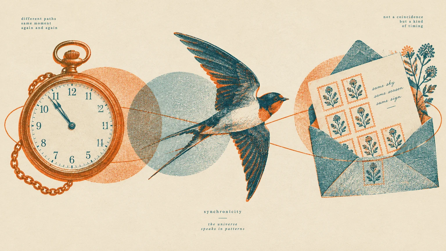 Vintage illustration of a pocket watch, a flying swallow, and an open letter linked by an orange line.