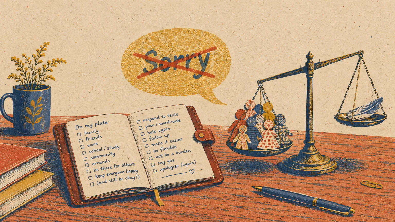Desk with a to-do list notebook, crossed-out sorry speech bubble, and balance scale weighing paper figures against a feather.