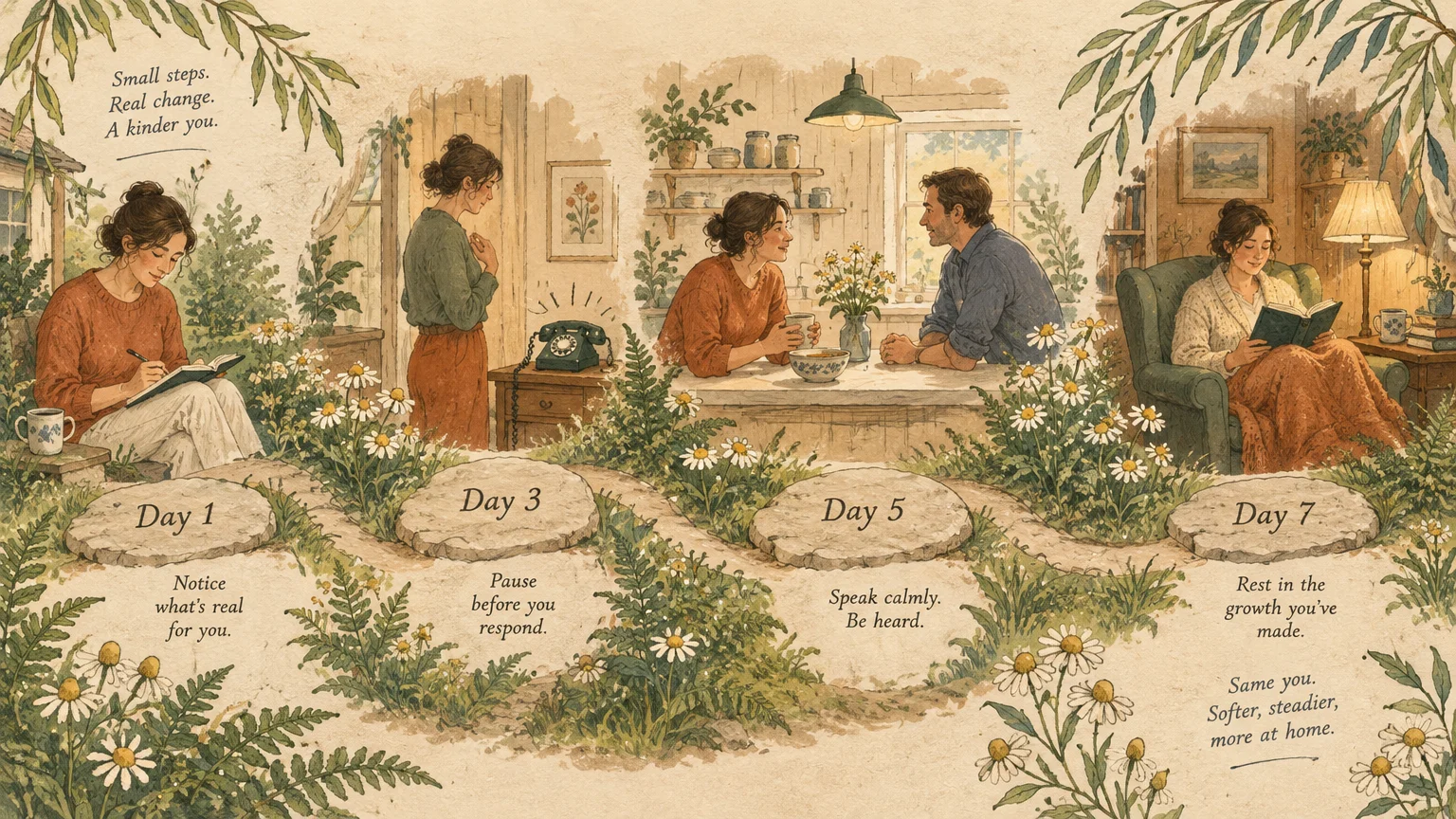 Illustration of stepping stones marking days along a garden path, with cozy domestic scenes above each step.