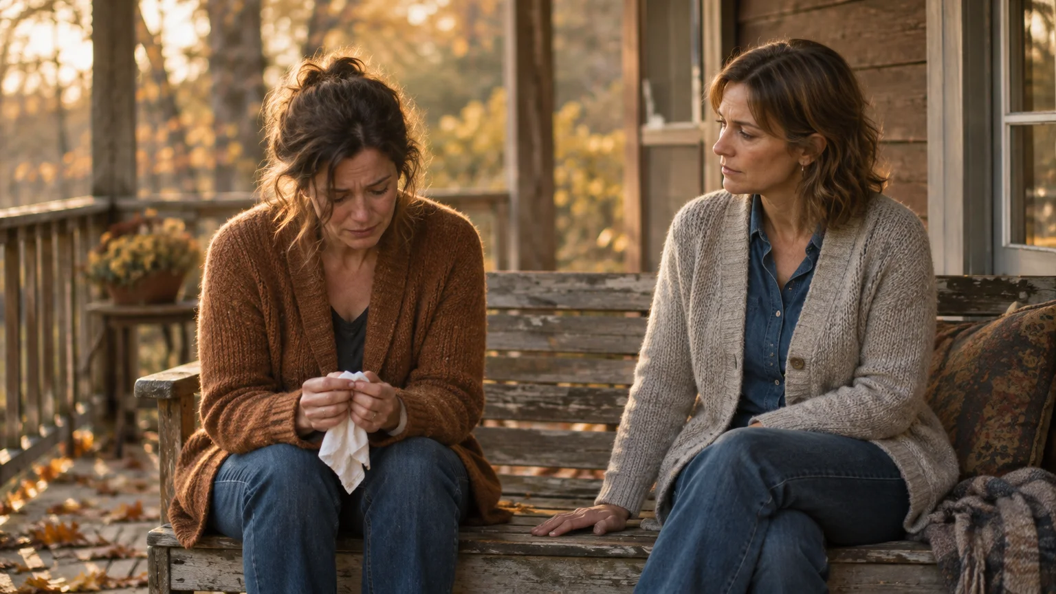 Two women in warm cardigans sit together on a rustic wooden porch bench, one looking distressed while holding a tissue.