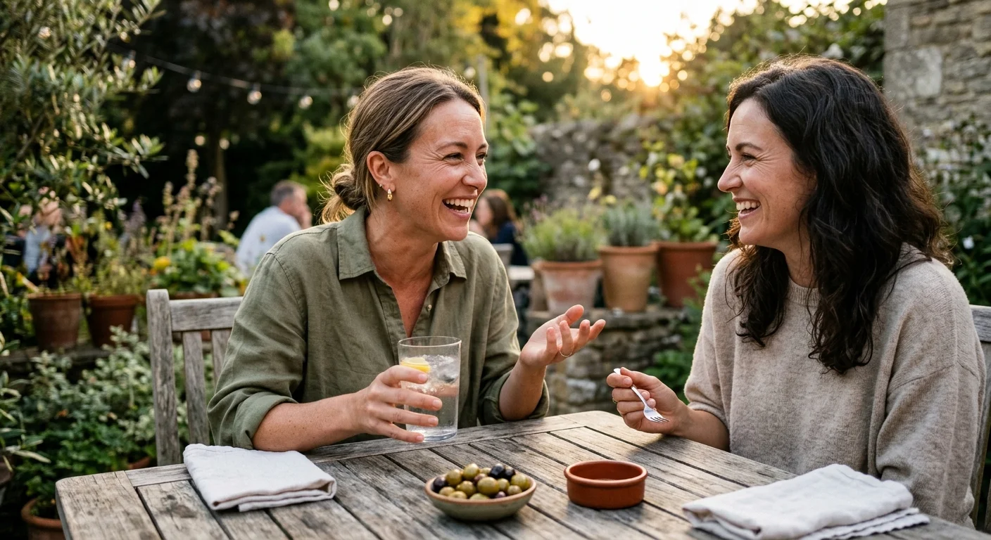 Two smiling women talk and laugh while sitting together at an outdoor wooden garden patio table with drinks.