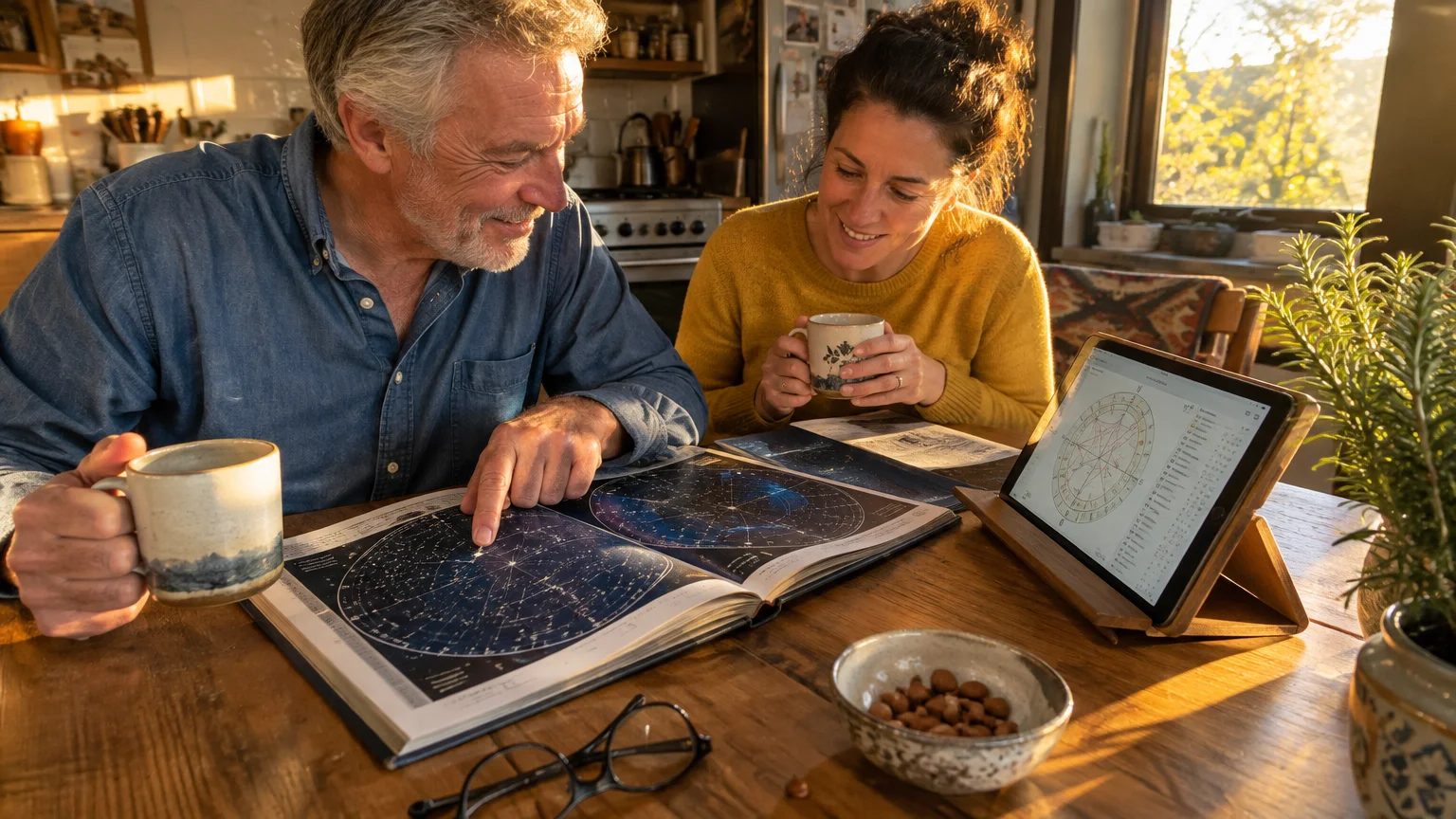 A man and woman sit at a sunlit wooden table drinking coffee while reviewing a star atlas and a digital tablet chart.