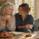Two smiling women sit on a sofa holding mugs beside a sunlit window with sliced oranges on a wooden table.