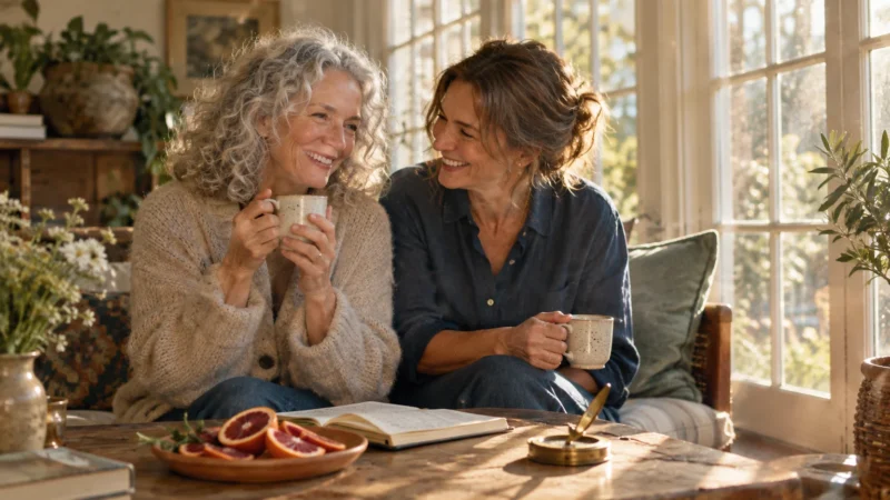 Two smiling women sit on a sofa holding mugs beside a sunlit window with sliced oranges on a wooden table.
