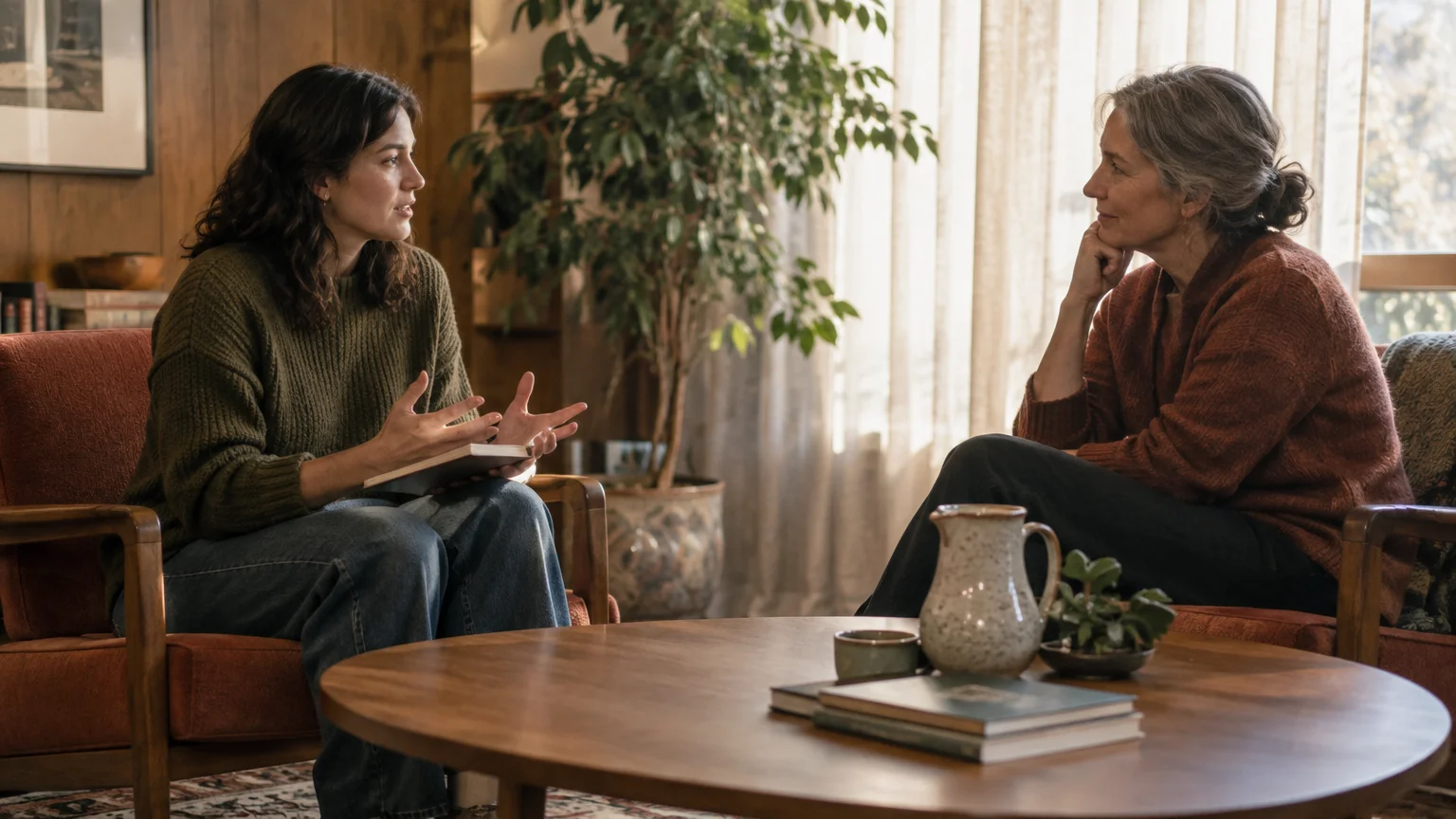 Two women sit in armchairs facing each other and talking thoughtfully in a sunlit living room.