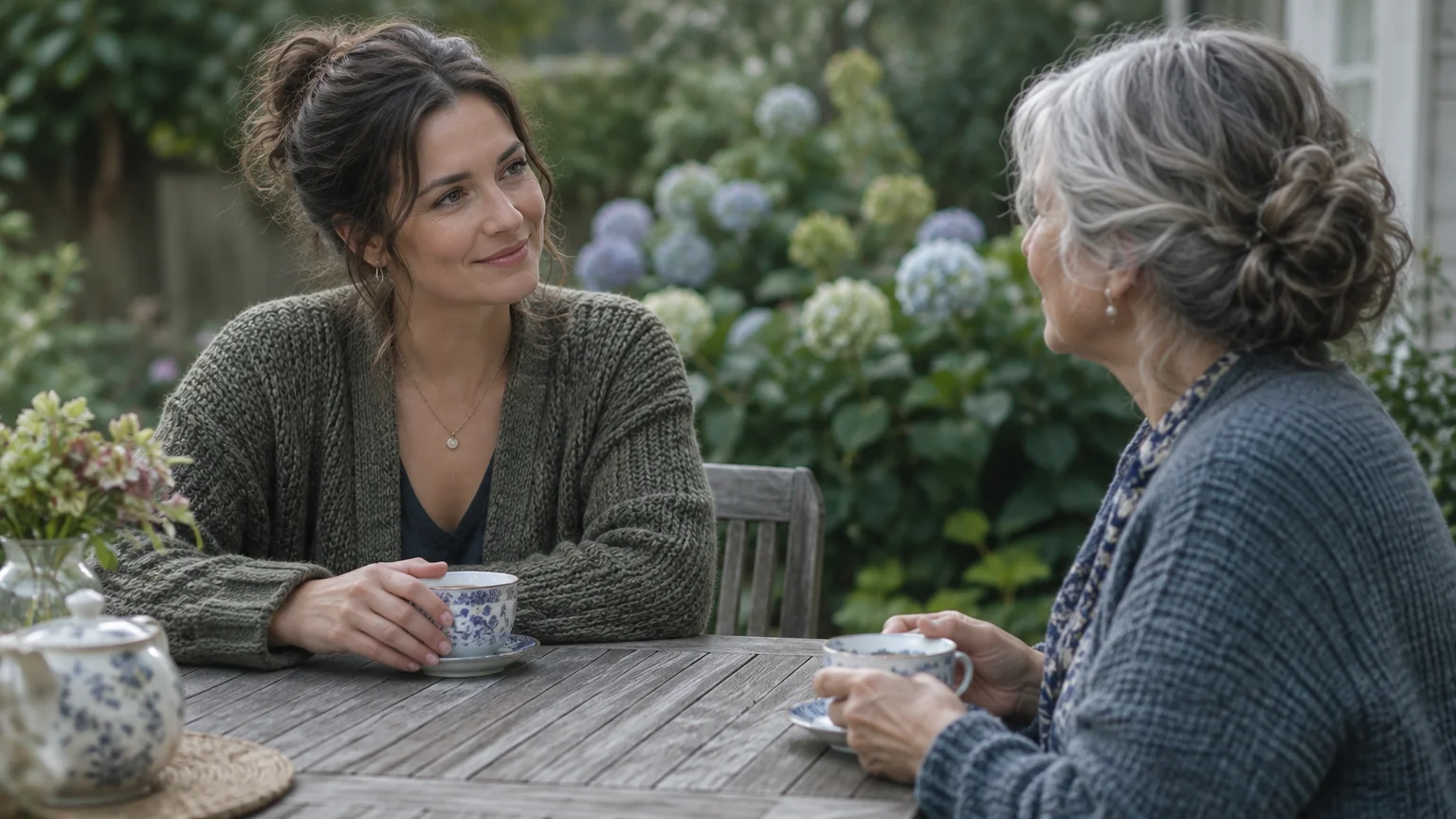 Two women sit at an outdoor wooden table with teacups, smiling and talking in a garden.