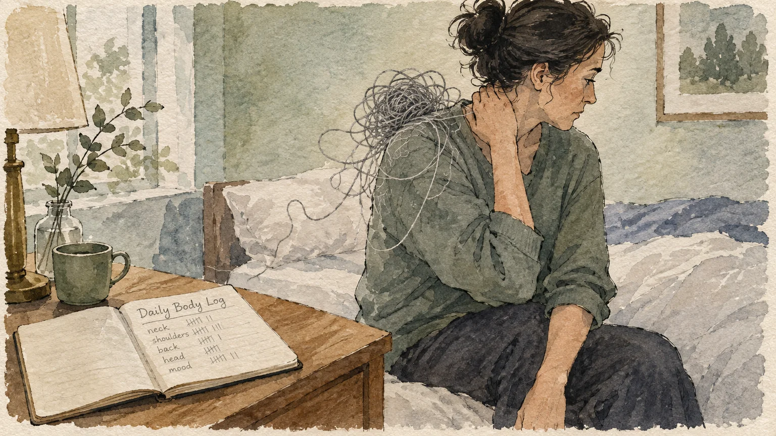 Watercolor illustration of a woman sitting on a bed holding her neck, beside a bedside table with an open body log notebook.