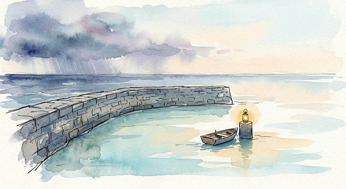 Watercolor of a small rowboat moored by a glowing lantern near a curved stone sea wall beneath a cloudy sky.