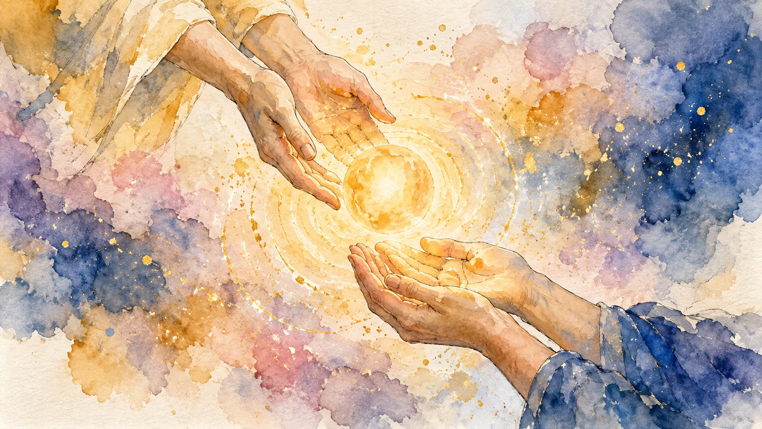 Watercolor painting of two sets of hands reaching toward a glowing golden orb amid swirling cosmic colors.