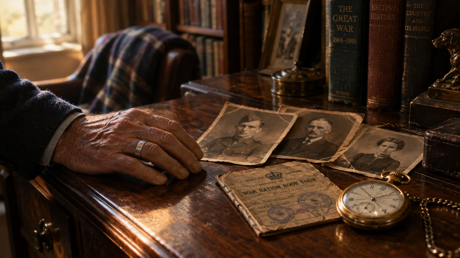 An older hand rests on a wooden desk beside vintage portrait photos, a war ration booklet, and a pocket watch.