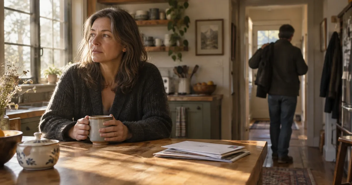 A thoughtful woman holds a mug at a wooden table while a man walks toward an open doorway in the background.