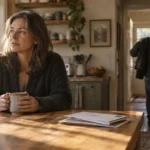 A thoughtful woman holds a mug at a wooden table while a man walks toward an open doorway in the background.