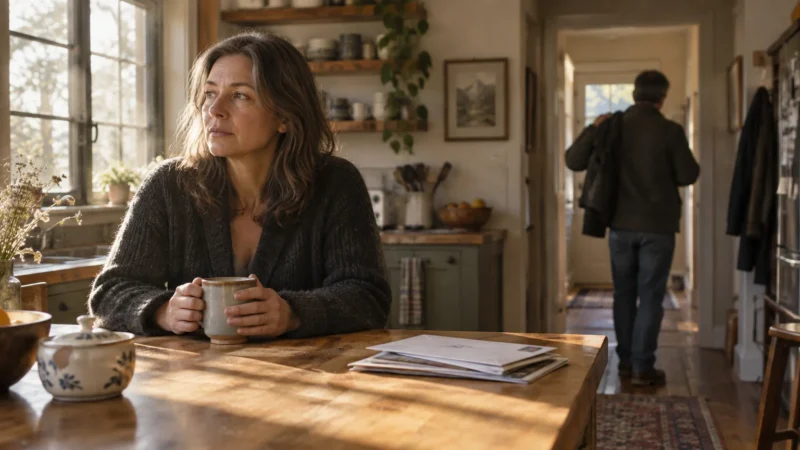 A thoughtful woman holds a mug at a wooden table while a man walks toward an open doorway in the background.