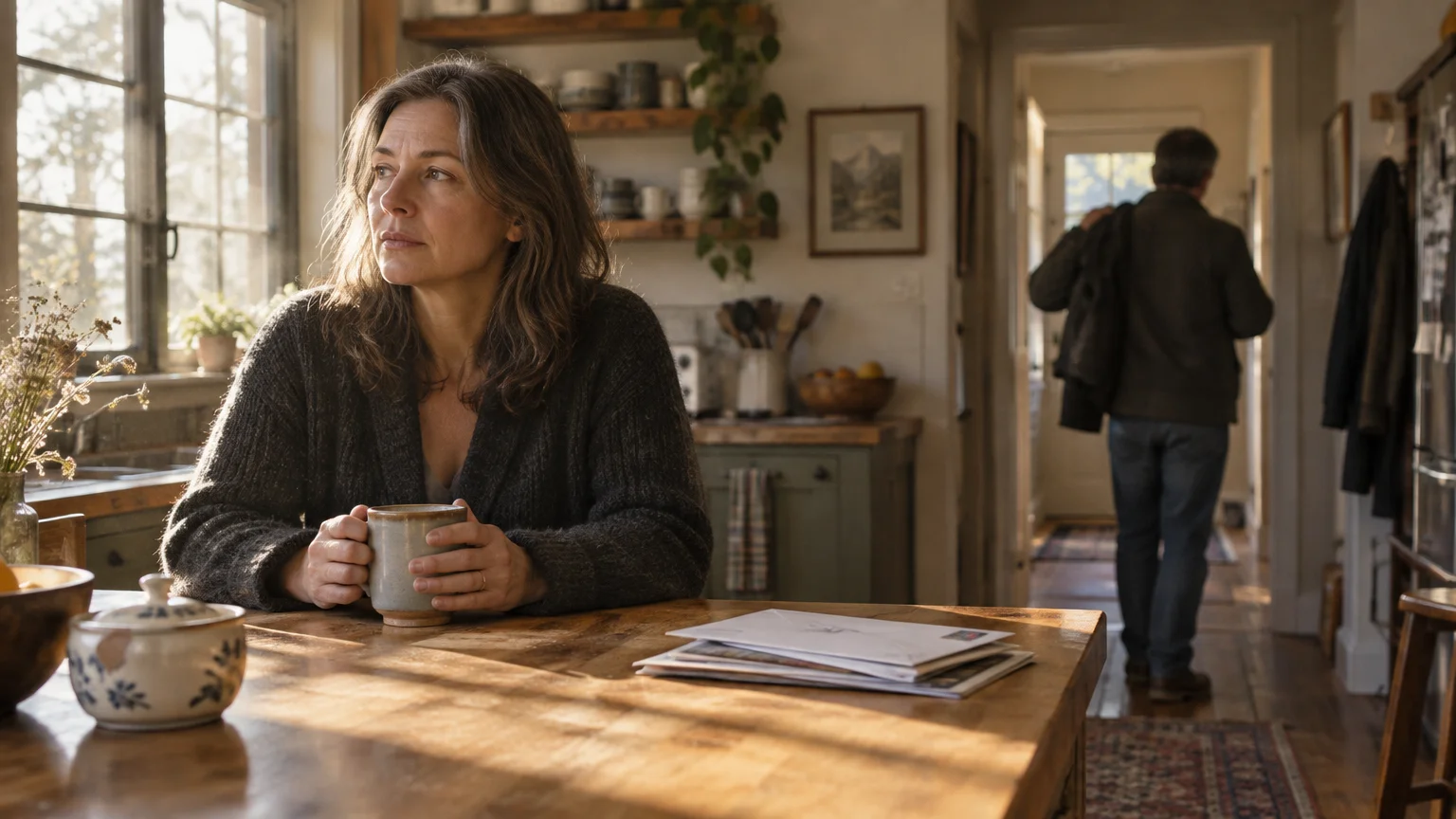 A thoughtful woman holds a mug at a wooden table while a man walks toward an open doorway in the background.