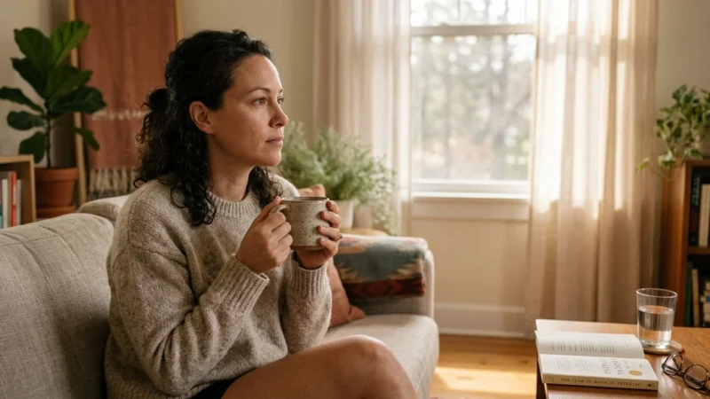 A woman sitting on a living room couch holding a ceramic mug and looking thoughtfully toward a sunny window.