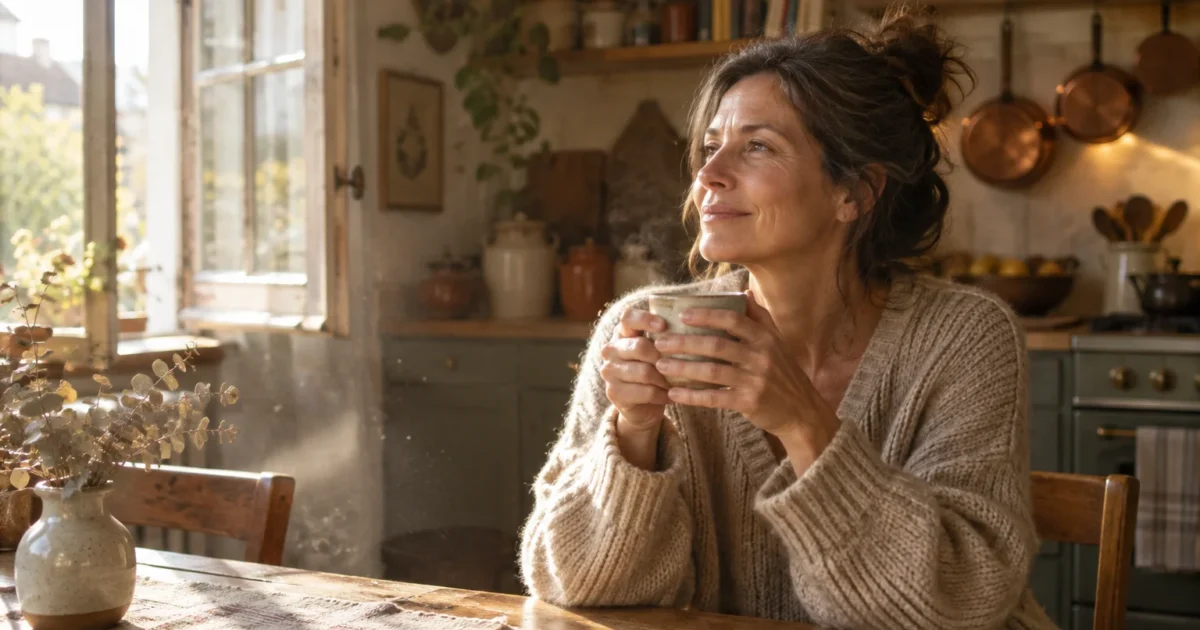 A woman in a cozy sweater smiles while holding a steaming mug at a wooden kitchen table by a sunny window.
