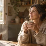 A woman in a cozy sweater smiles while holding a steaming mug at a wooden kitchen table by a sunny window.