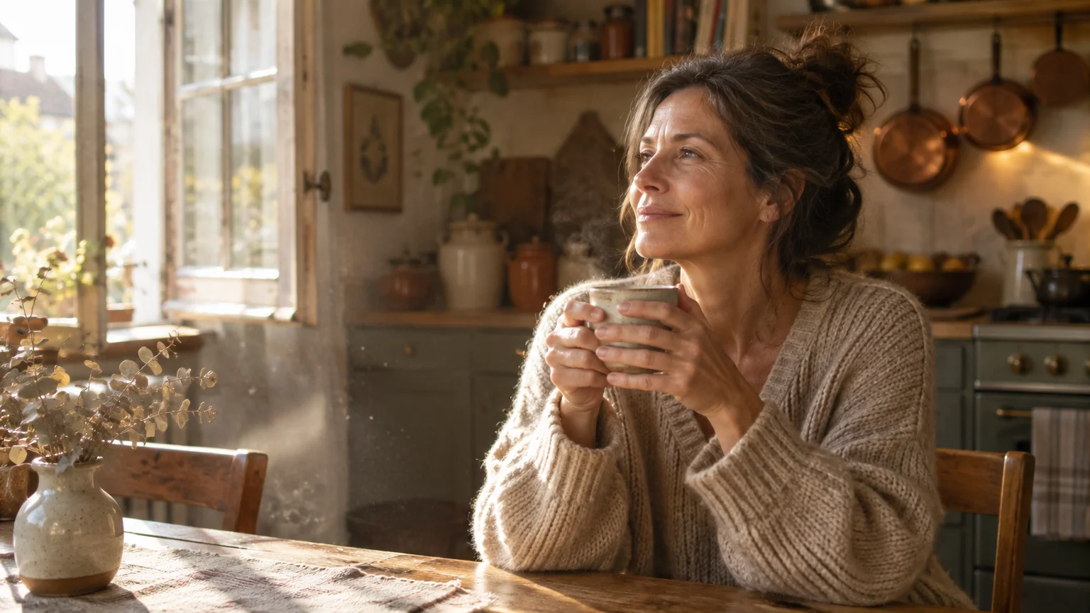 A woman in a cozy sweater smiles while holding a steaming mug at a wooden kitchen table by a sunny window.