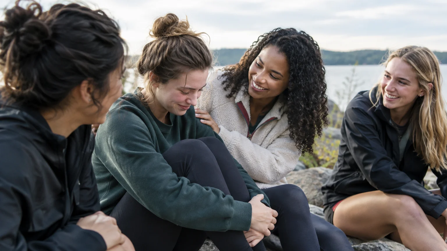 A smiling woman places a supportive hand on the shoulder of an emotional friend sitting outdoors with two other companions.