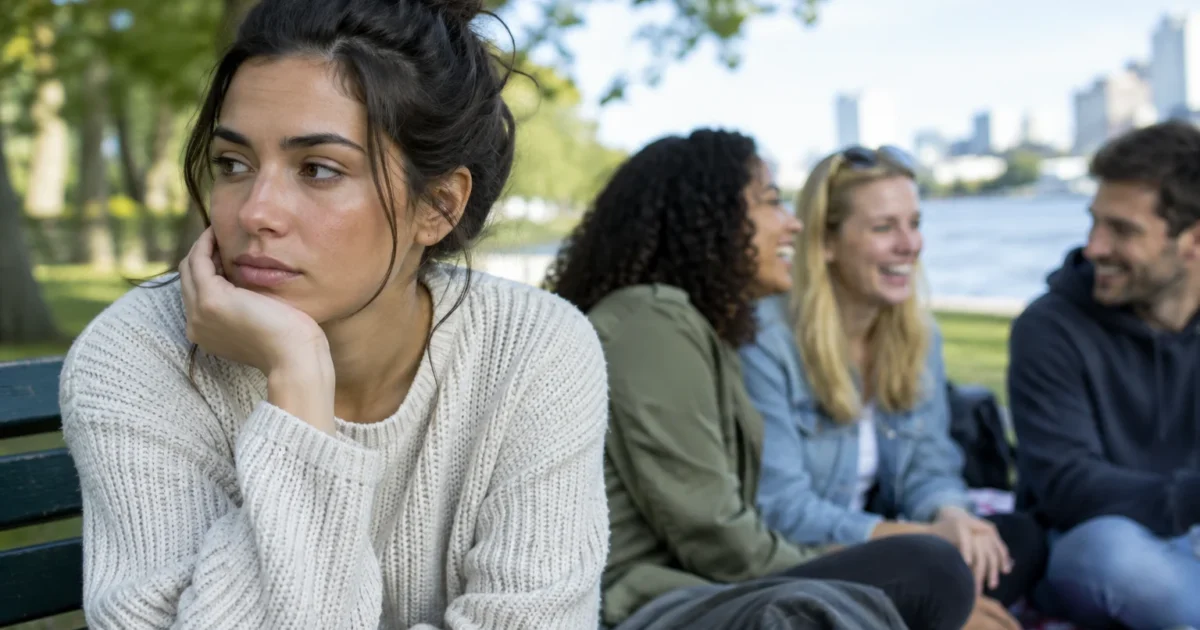A pensive woman rests her chin on her hand on a park bench while three friends talk and laugh behind her.