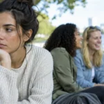 A pensive woman rests her chin on her hand on a park bench while three friends talk and laugh behind her.