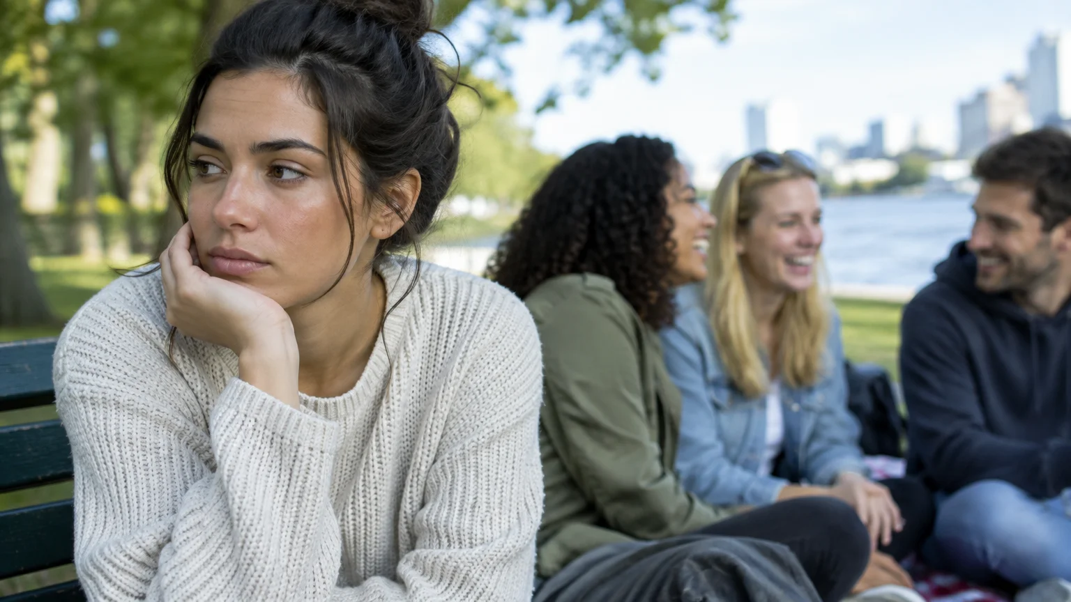 A pensive woman rests her chin on her hand on a park bench while three friends talk and laugh behind her.