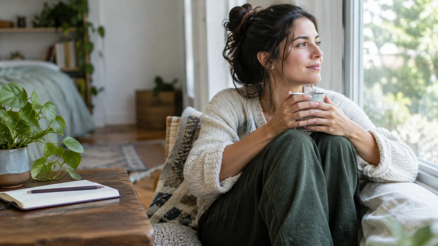 Woman sitting comfortably by a bright window holding a warm mug, with a notebook and potted plant on the table beside her.