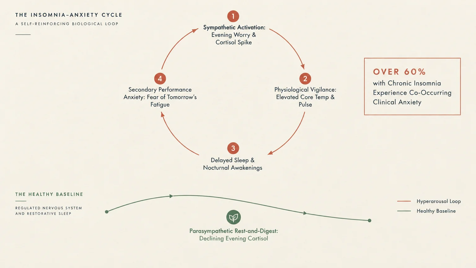 Diagram showing a circular four-stage insomnia-anxiety cycle above a green baseline curve, with a statistic callout.