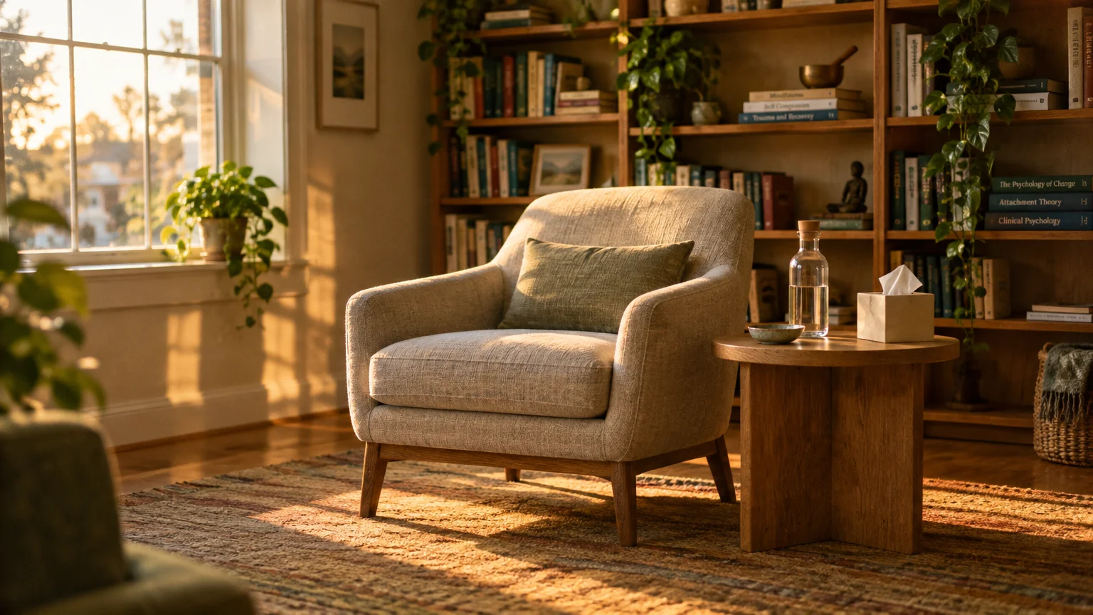 Sunlit therapy office featuring a comfortable armchair, side table with tissues and water, and filled wooden bookshelves.