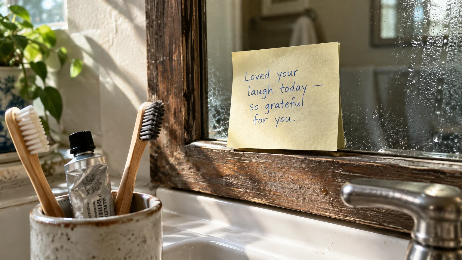 Yellow sticky note on a bathroom mirror reading "Loved your laugh today — so grateful for you" beside toothbrushes.