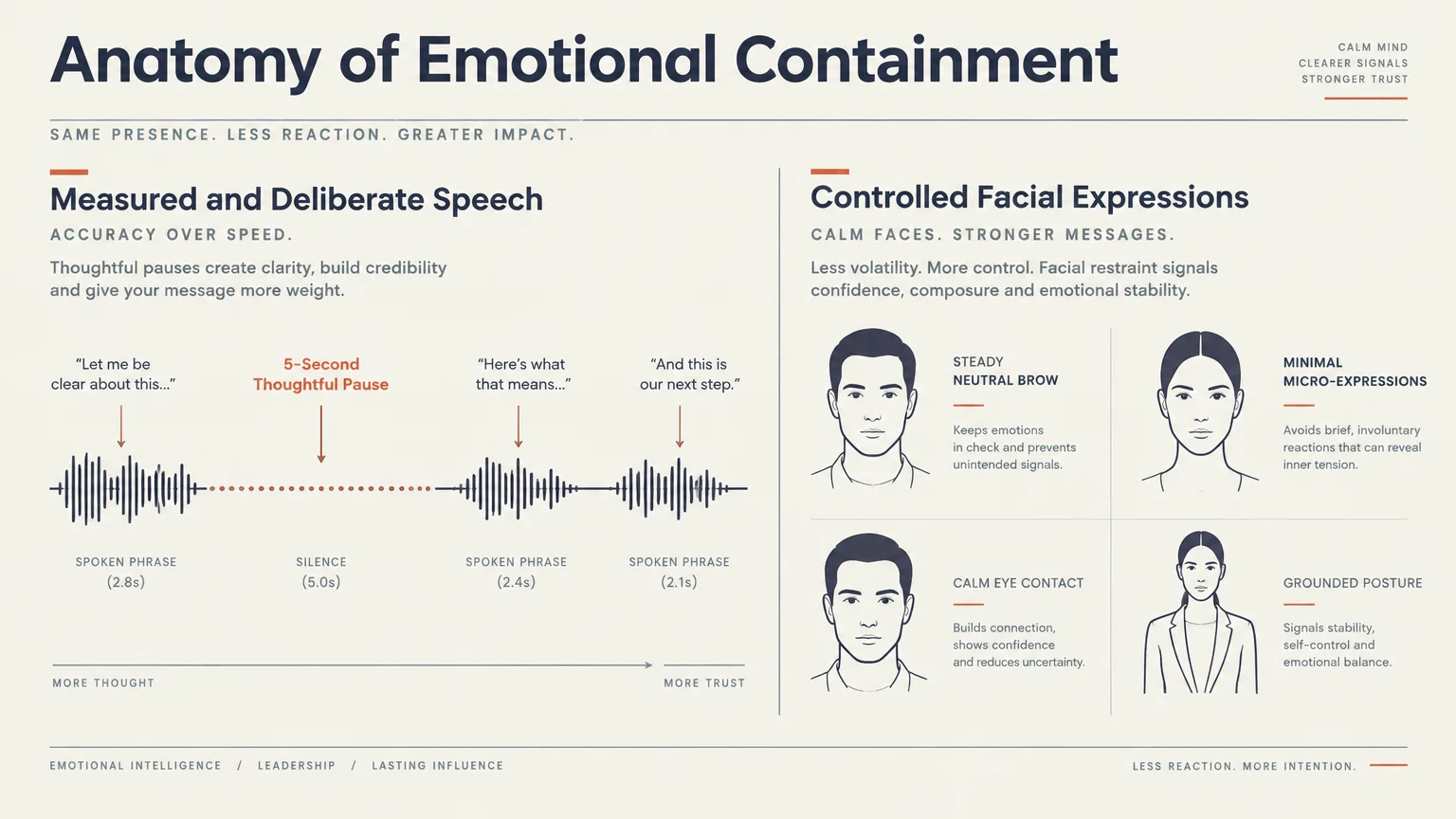 Diagram titled Anatomy of Emotional Containment showing speech waveform pauses and controlled facial expressions.