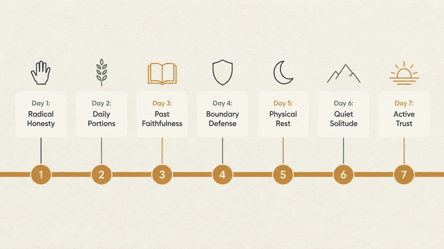 Horizontal seven-day timeline diagram showing numbered steps from Day 1 Radical Honesty to Day 7 Active Trust with icons.